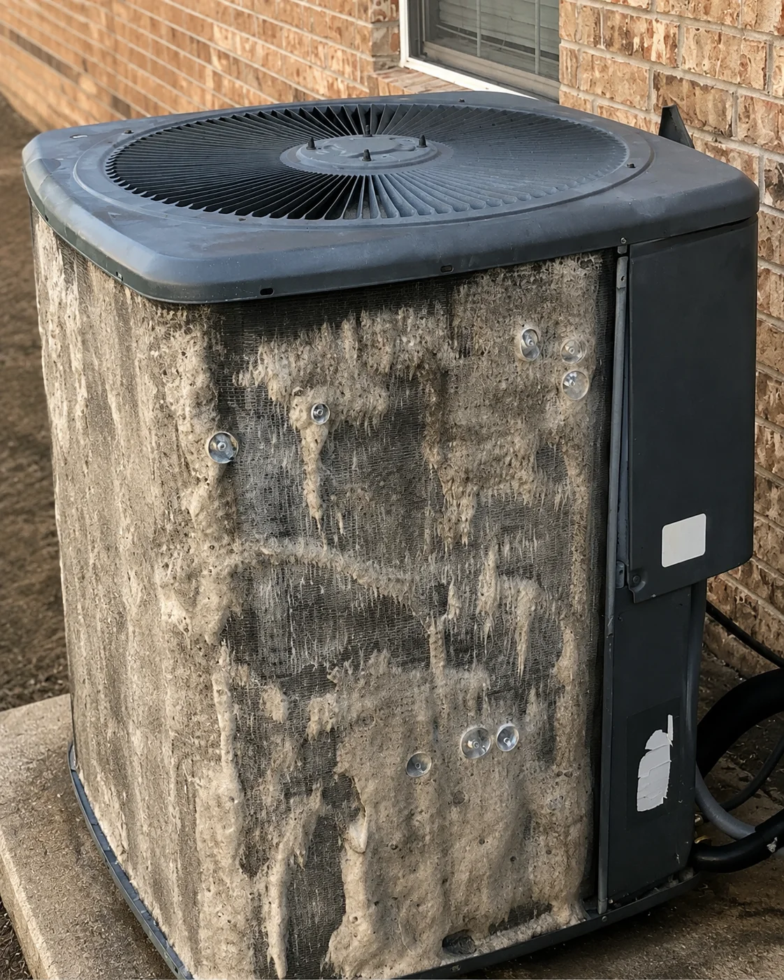 Dirty air conditioner condenser coil before professional AC maintenance cleaning in Caddo Mills TX