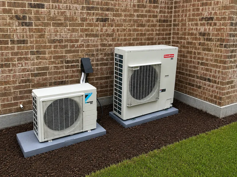 New Goodman side-discharge heat pump condenser installation in Caddo Mills, TX by Cool Rescue 1 Heating & Air